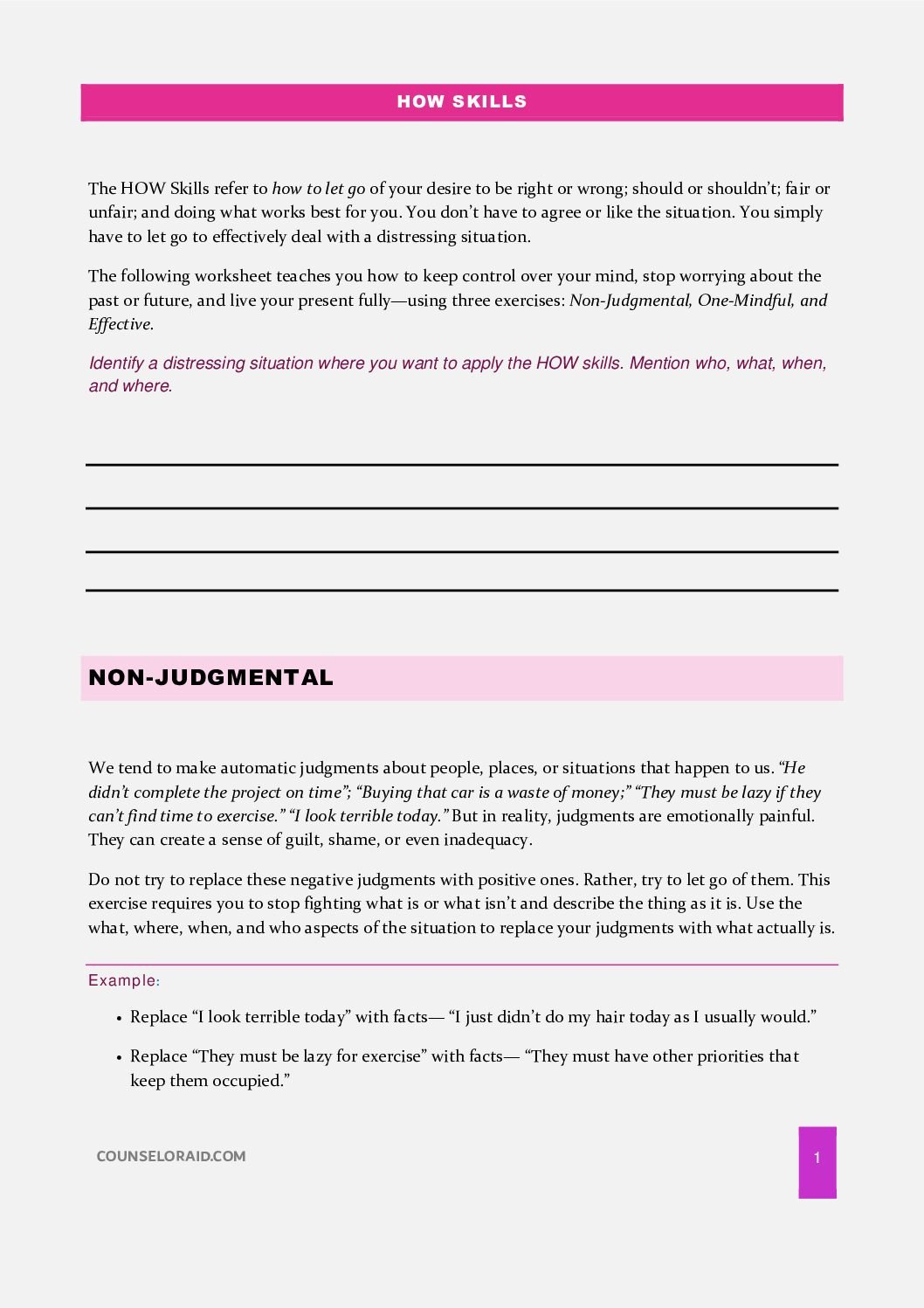 First-page preview of the Mindfulness How Skills Worksheet