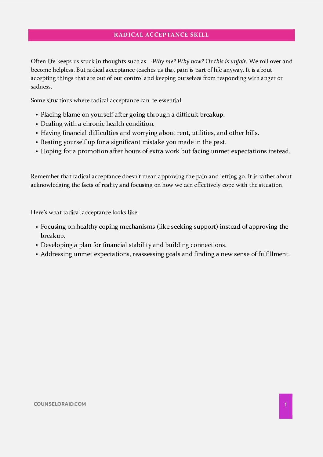 First-page preview of the Radical Acceptance Worksheet