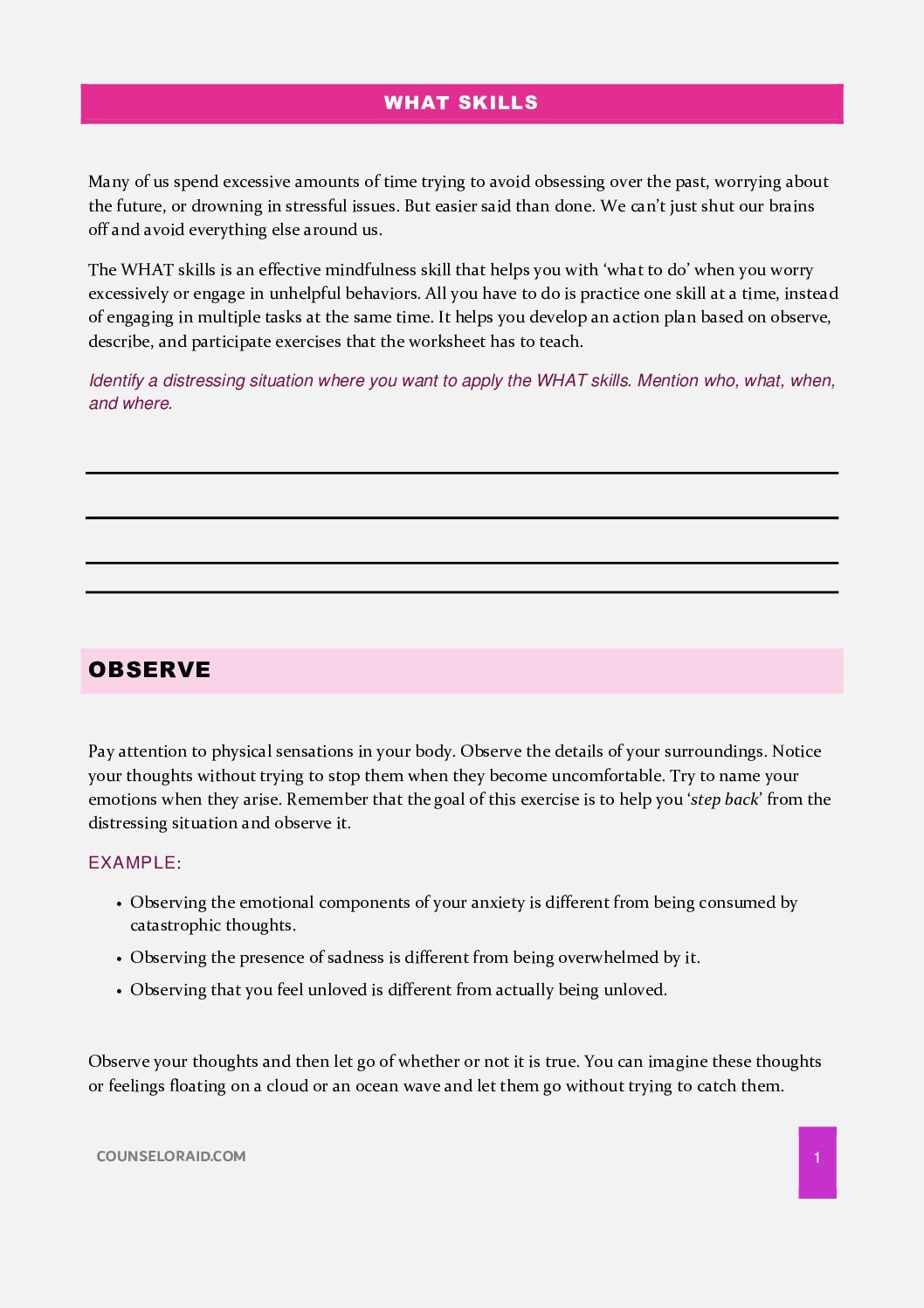 First-page preview of the Mindfulness What Skills Worksheet