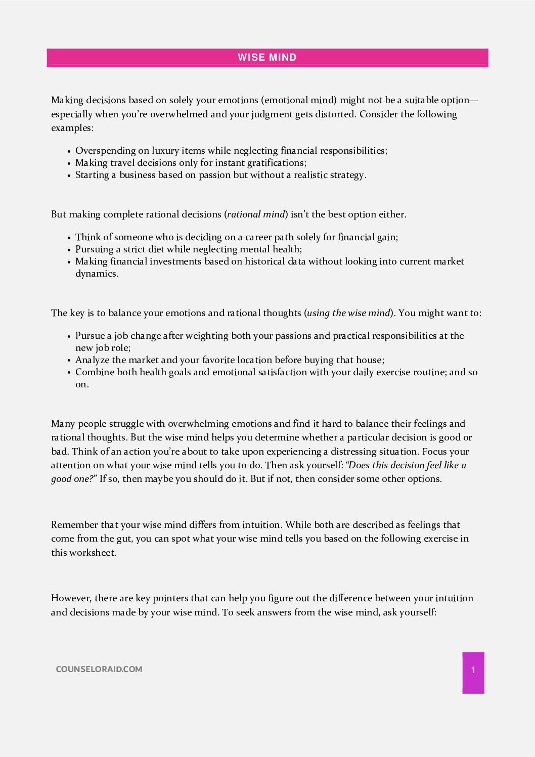First-page preview of the Wise Mind Skill Worksheet