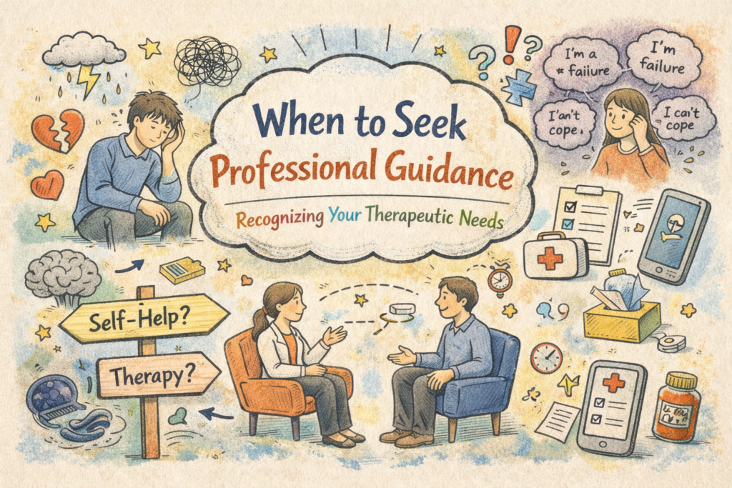 Hand-drawn illustration showing individuals experiencing emotional distress and a therapy session, representing when to seek professional mental health guidance.