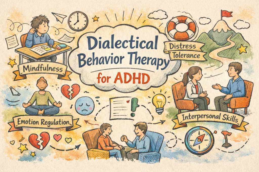 Hand-drawn illustration showing Dialectical Behavior Therapy skills for ADHD management