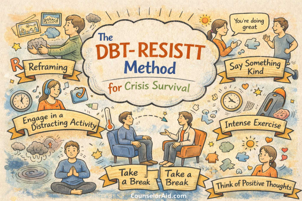 Hand-drawn illustration explaining the DBT-RESISTT method for crisis survival, showing coping strategies for emotional distress.
