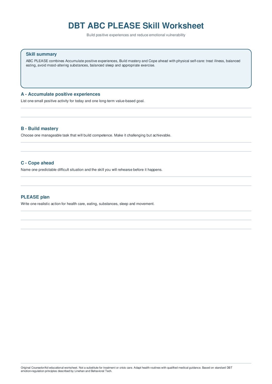 First-page preview of the DBT ABC PLEASE Skill Worksheet