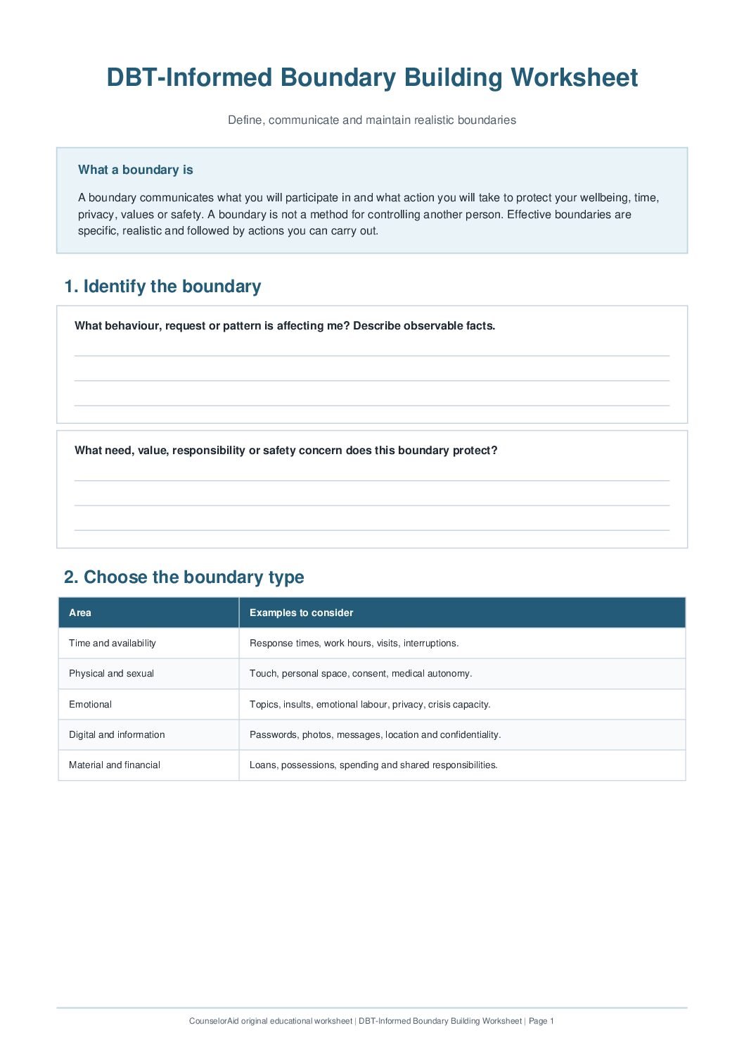First-page preview of the DBT-Informed Boundary Building Worksheet