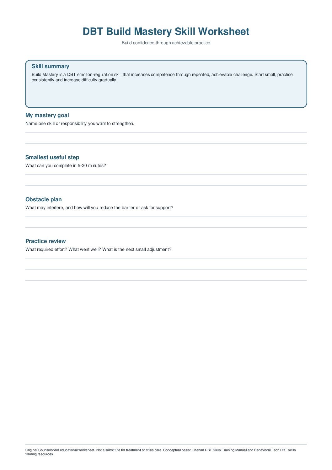 First-page preview of the DBT Build Mastery Skill Worksheet