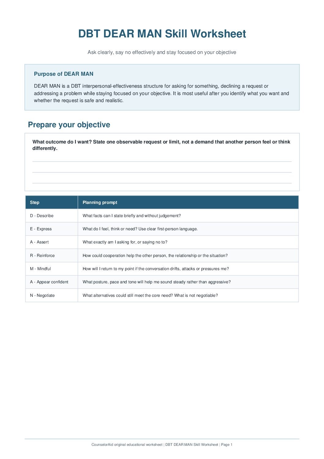 First-page preview of the DBT DEAR MAN Skill Worksheet