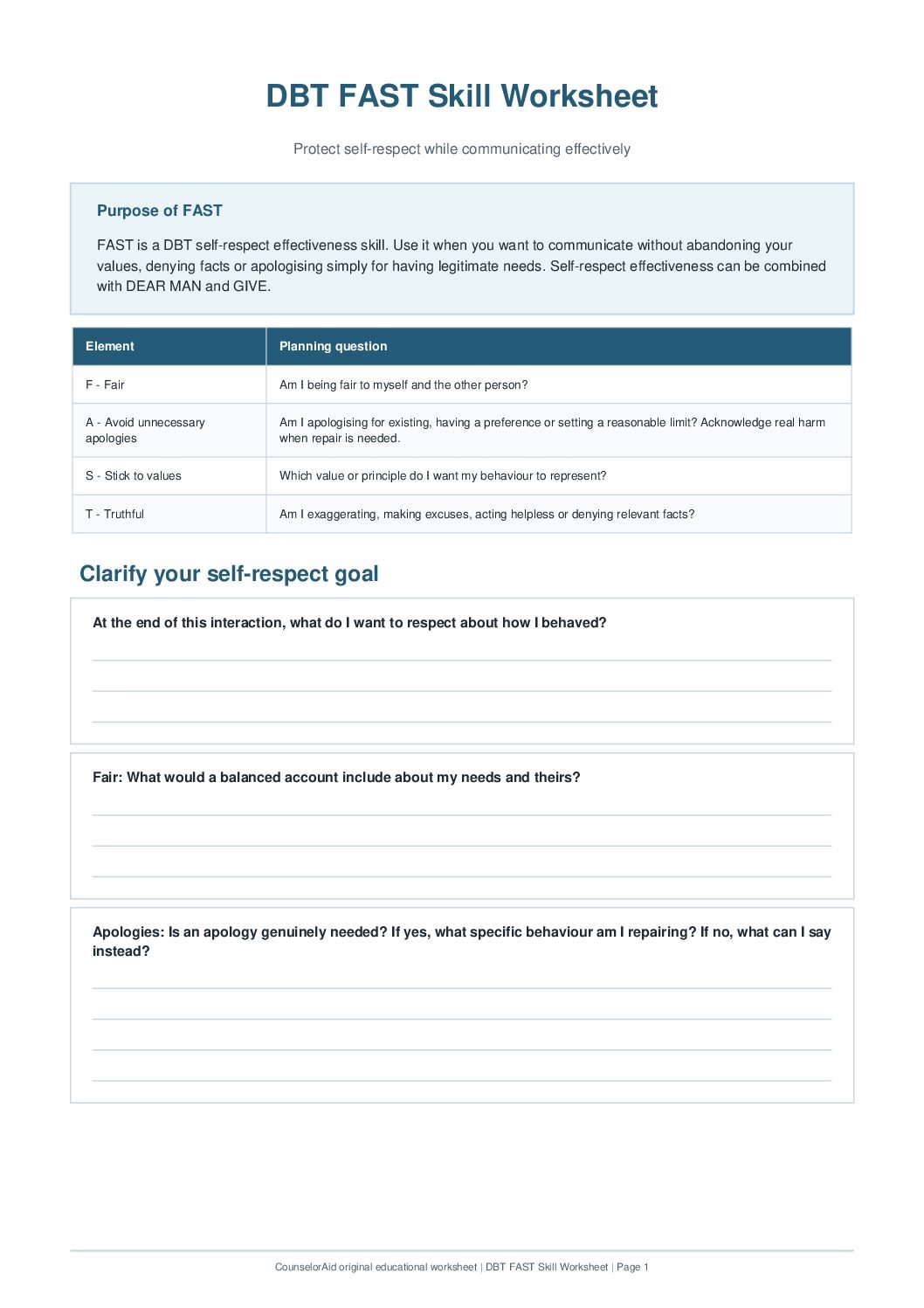 First-page preview of the DBT FAST Skill Worksheet