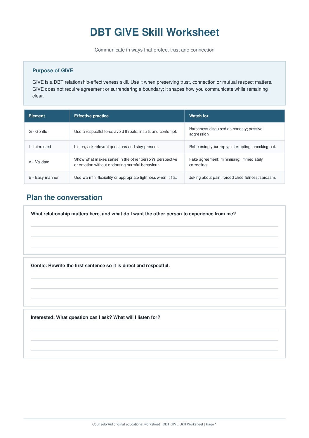 First-page preview of the DBT GIVE Skill Worksheet