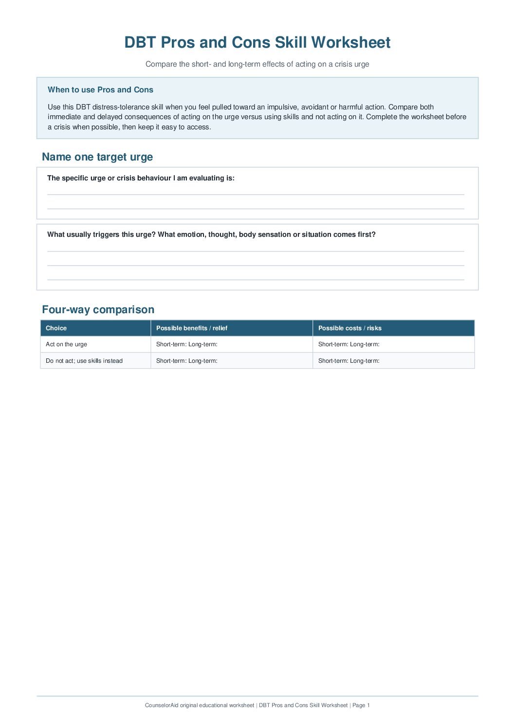 First-page preview of the DBT Pros and Cons Skill Worksheet