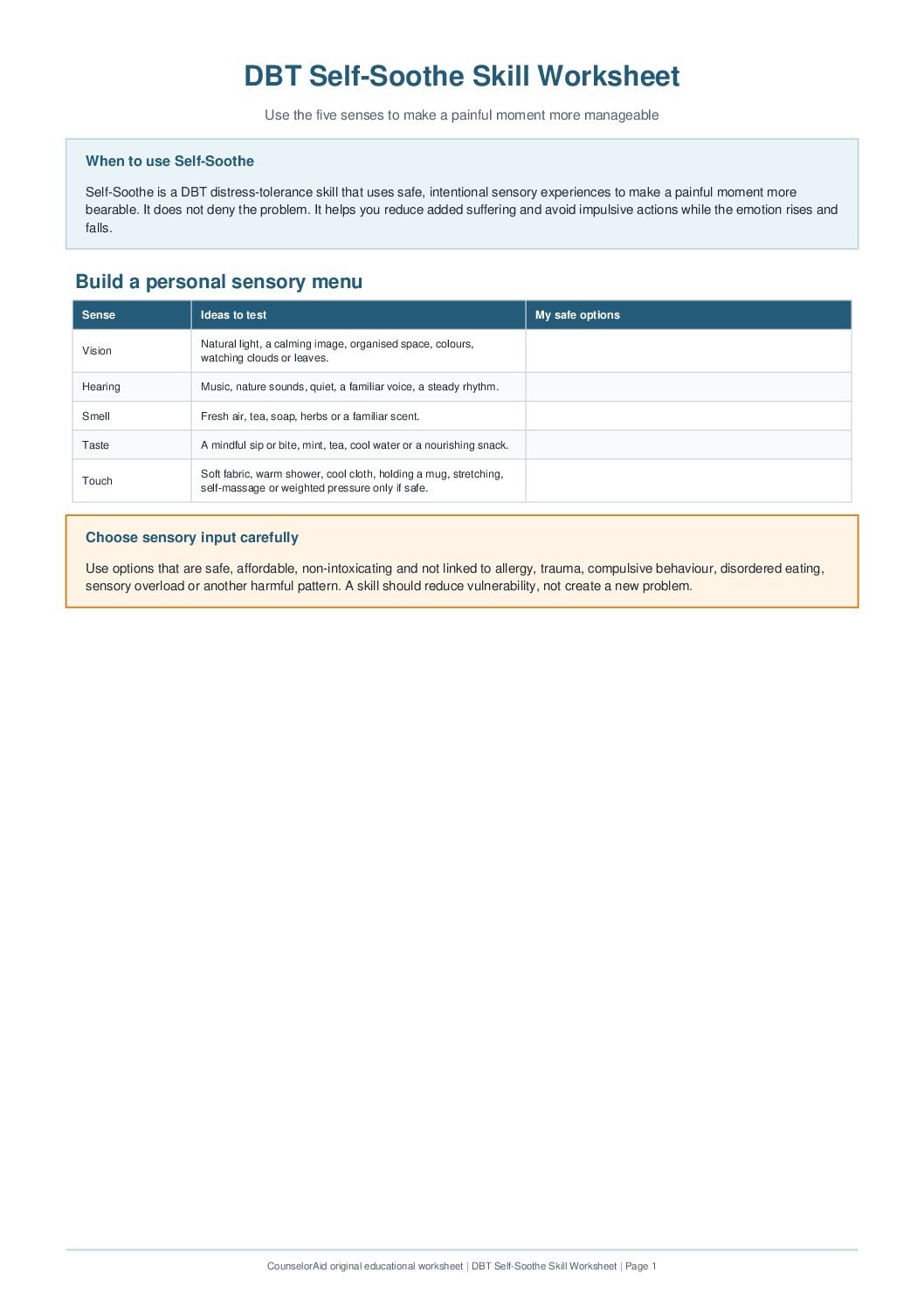 First-page preview of the DBT Self-Soothe Skill Worksheet