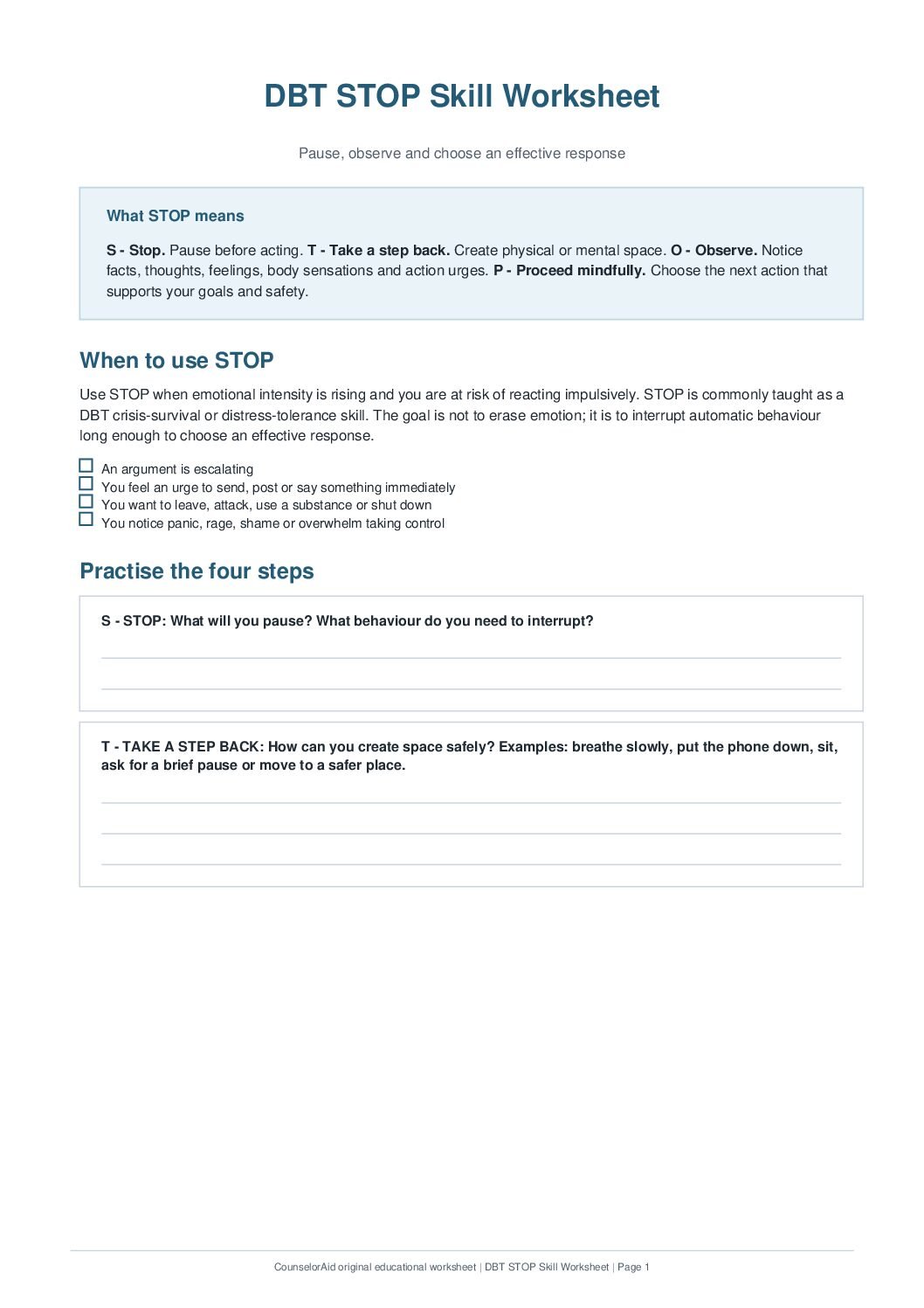 First-page preview of the DBT STOP Skill Worksheet