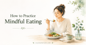 Watercolour illustration of a woman eating mindfully from a bowl for a practical mindful eating guide