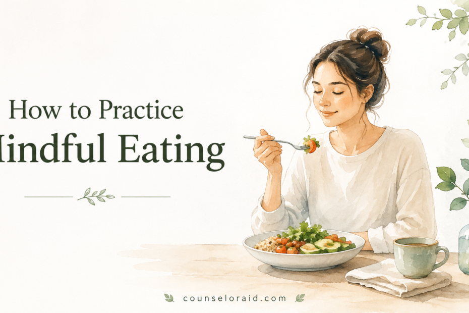Watercolour illustration of a woman eating mindfully from a bowl for a practical mindful eating guide