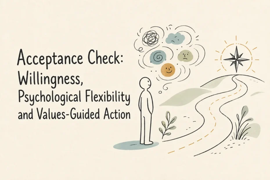 Minimalist doodle illustrating acceptance, psychological flexibility, and values-guided action