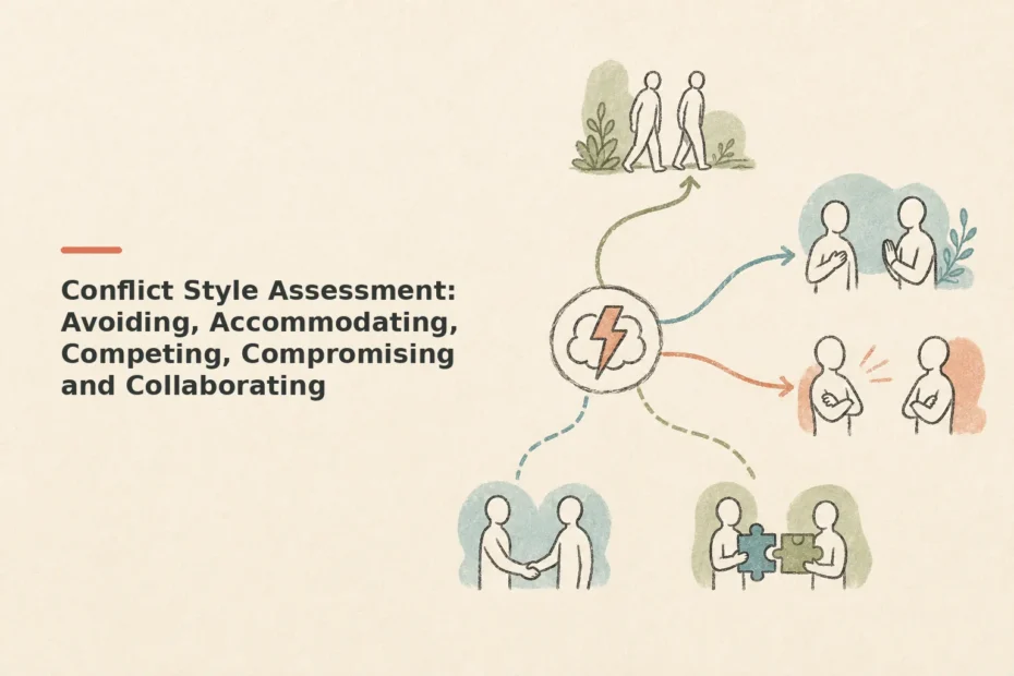 Minimalist doodle for Conflict Style Assessment: Avoiding, Accommodating, Competing, Compromising and Collaborating