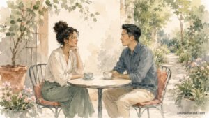 Watercolour illustration of two adults having a relaxed conversation at a quiet garden café.
