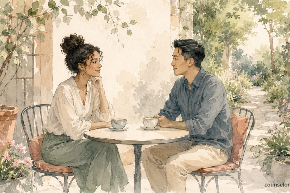 Watercolour illustration of two adults having a relaxed conversation at a quiet garden café.