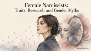 Watercolour illustration of a woman beside a cracked mirror and mask, symbolising self-image and hidden traits.