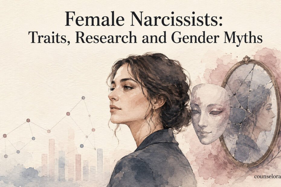 Watercolour illustration of a woman beside a cracked mirror and mask, symbolising self-image and hidden traits.