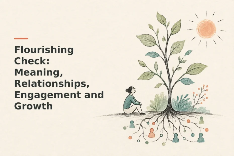 Minimalist doodle for Flourishing Check: Meaning, Relationships, Engagement and Growth