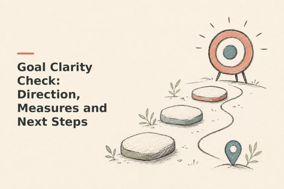 Minimalist doodle for Goal Clarity Check: Direction, Measures and Next Steps