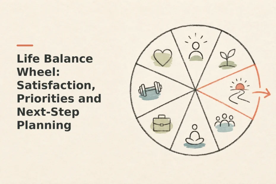 Minimalist doodle for Life Balance Wheel: Satisfaction, Priorities and Next-Step Planning