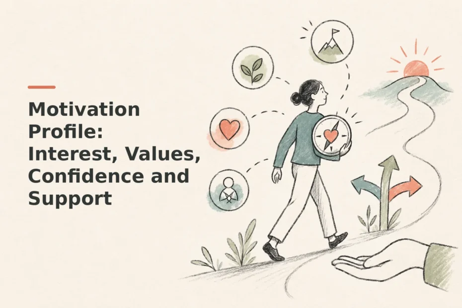Minimalist doodle for Motivation Profile: Interest, Values, Confidence and Support