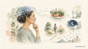 Watercolour illustration linking thought patterns with healthy eating, walking, hydration and sleep habits.