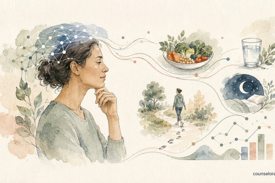 Watercolour illustration linking thought patterns with healthy eating, walking, hydration and sleep habits.