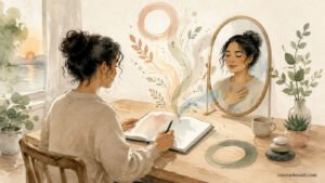 Watercolour illustration of a woman writing in a journal while seeing a calm reflection in a mirror.