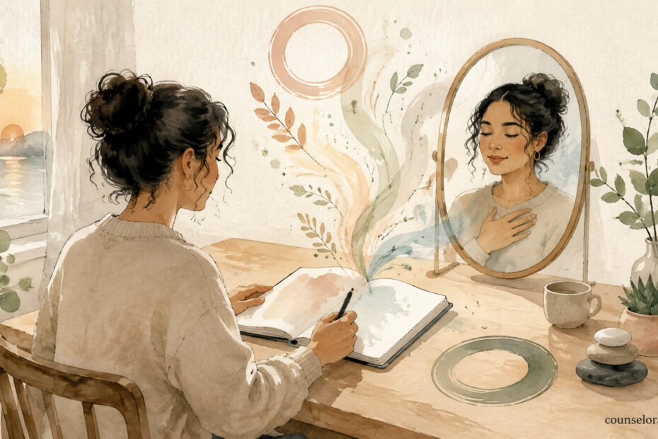 Watercolour illustration of a woman writing in a journal while seeing a calm reflection in a mirror.