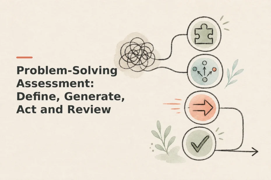 Minimalist doodle for Problem-Solving Assessment: Define, Generate, Act and Review
