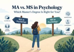 MA vs MS in psychology comparison showing a student choosing between two master’s degree pathways
