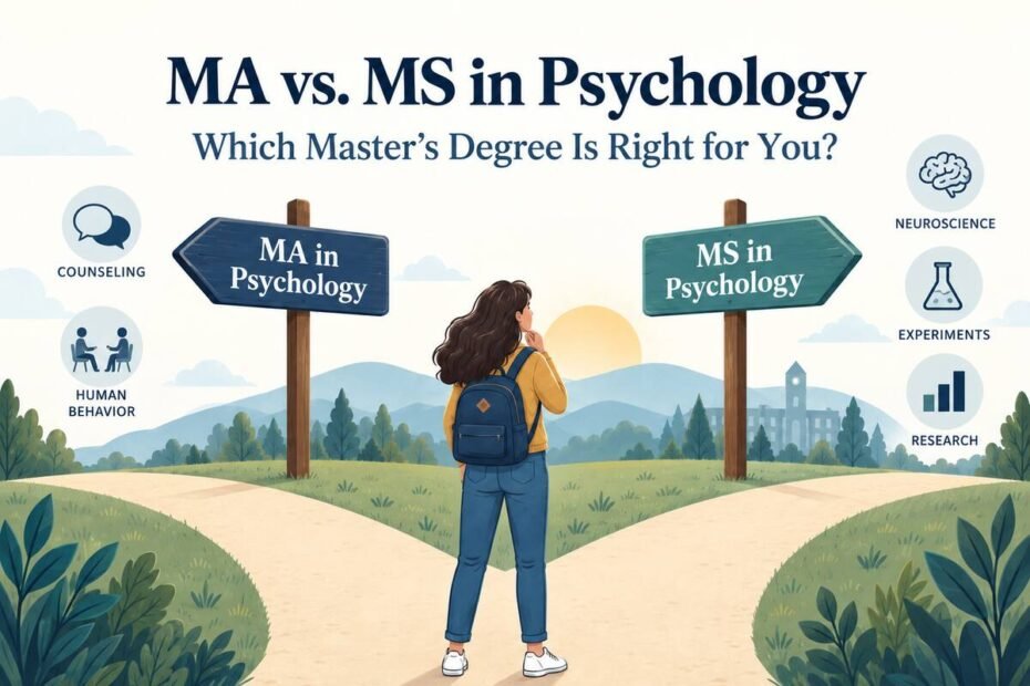MA vs MS in psychology comparison showing a student choosing between two master’s degree pathways