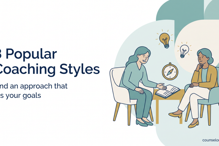 Coach and client discussing goals beside the heading 8 Popular Coaching Styles.